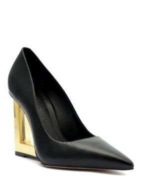 SCHUTZ Filipa Black Leather Pointed Pump with Gold Wedge Heel